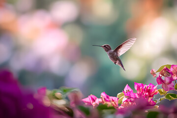 Naklejka premium Colorful hummingbird hovers near pink flowers in a garden during the day