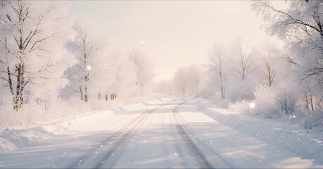 Obraz premium Snowy Road Through Winter Forest with Frosted Trees and Tire Tracks in Soft Light