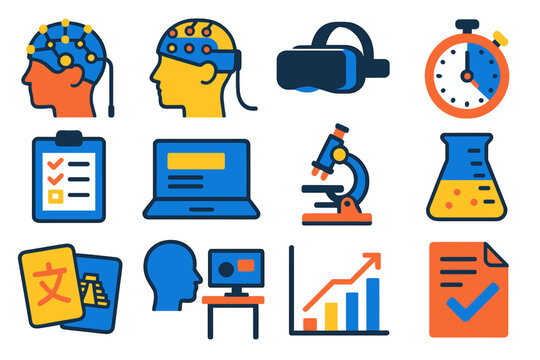 Neuroscience Experiment Icons. Flat vector icons of experimental tools in cultural neuroscience: EEG cap, fNIRS device, VR headset