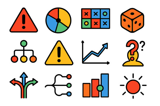 Risk Analysis Icons. Flat vector icons of risk and decision analysis: risk icon, probability wheel, payoff matrix, dice outcome,