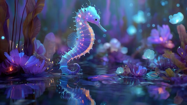 Purple Seahorse Swimming in Ocean with Colorful Coral Reef