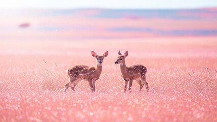 Two spotted fawn stand in a field of pink flowers under a pink sky