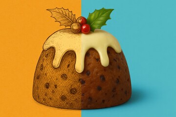A Delightful Rendering of a Traditional Holiday Pudding Topped with Cream, Holly, and Red Berries Against a Colorful Background