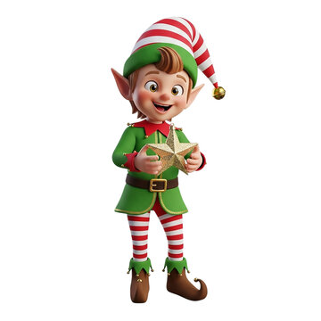 Cheerful Christmas Elf Holding a Golden Star Ornament