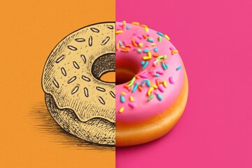 A Creative Split Image Showcasing a Hand-Drawn Doughnut and a Colorful, Sprinkled Doughnut Against Contrasting Backgrounds