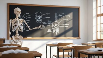 Educational classroom with skeleton and anatomy diagrams on blackboard for science learning