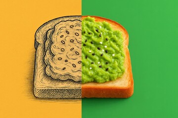 Contrasting Visuals of Toast with Avocado Spread: A Creative Blend of Art and Culinary Delight Showcasing Colorful Gourmet Presentation