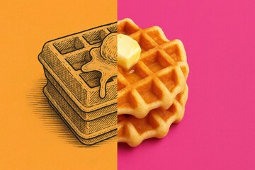 A Delightful Contrast: A Hand-Drawn Waffle on One Side with a Realistic Golden Waffle Topped with Butter on a Vibrant Pink Background
