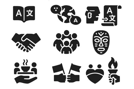 Cross-Cultural Icons. Solid style icons of Cross-Cultural Dialogue: translation book, globe with speech bubbles, language scroll,