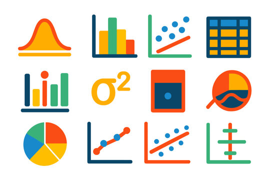 Statistical Icons Set. Flat vector icons of development of statistical thought: bell curve, histogram, scatter plot, data table,