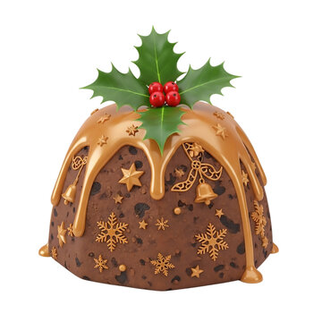 Festive Christmas Pudding with Holly and Golden Decorations