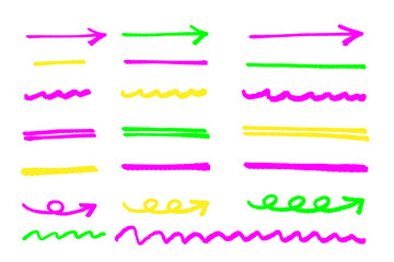 蛍光カラーの手描きラインと矢印セット｜ポップで目立つ下線・波線・装飾用カラフル素材