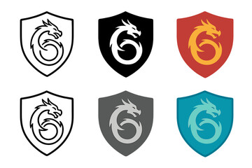 Dragon Shield Variations. Shield with dragon emblem curled around center, symbol of strength and protection, first in line style