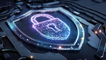 Cyber Shield: Illustrating the concept of data protection and cyber security, a digital padlock glows within a shield, representing digital safety and the safeguarding of sensitive information.