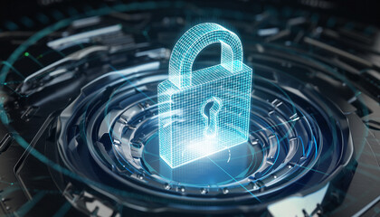Cybersecurity Lock: a glowing digital padlock, set against a futuristic tech background, symbolizing data protection and security in the digital age.