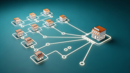 Franchise Business Network Stores 3D Render Teal Copy Space