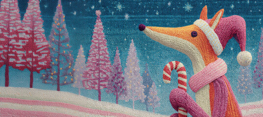 Stylized textile fox in pink Santa hat and scarf holds candy cane in magical winter forest..Perfect for festive storybooks, whimsical holiday ads, or Christmas decor branding.