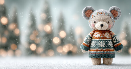Adorable crochet bear in patterned dress and earmuffs with snowy trees and warm lights..Ideal for gift guides, craft store promos, or festive social media content.