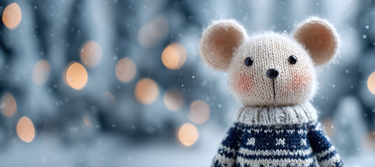 Knitted mouse plush in blue sweater with rosy cheeks, standing in soft snowfall and bokeh glow..Perfect for holiday product ads, winter greeting cards, or cozy gift promotions.