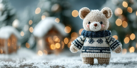Crocheted bear in blue fair isle sweater stands in snowy village with glowing Christmas lights..Perfect for holiday ads, handmade toy features, or cozy winter campaign banners.