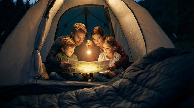 Family camping in a tent looking at a map with flashlight