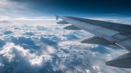 Obraz premium Airplane wing above mountain range covered in clouds