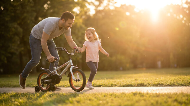 Father teaching his young daughter how to ride a bicycle in the park at sunset