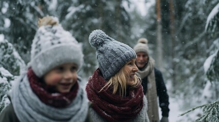 Fototapeta premium Smiling Couple Wearing Winter Hats and Scarves Walking in Snowy Forest