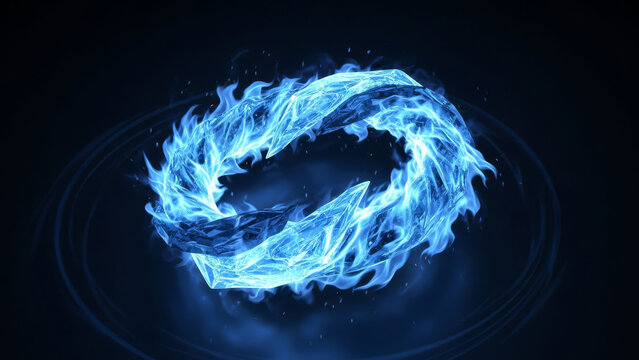 Abstract Blue Fire and Ice Energy Ring Portal with Swirling Flames