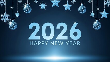 Blue New Year 2026 Celebration with Hanging Ornaments and Snowflakes happy new year blue background