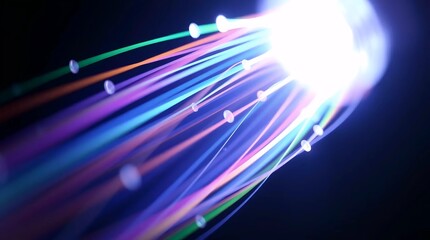 intense fiber optic light burst with glowing particles, futuristic abstract background symbolizing speed, innovation, and digital transformation