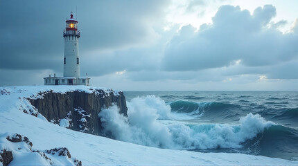 Snowy Cliffside Lighthouse Battling Harsh Winter Winds
