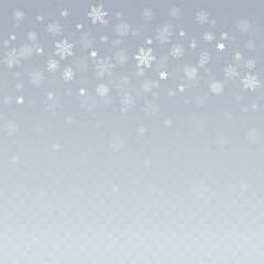 Christmas snow vector background. Falling snowflakes transparent decoration. New Year Holidays greeting card backdrop.