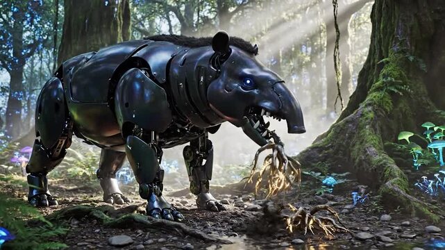 Futuristic Robotic Tapir Roaming Through a Lush, Bioluminescent Jungle Environment.