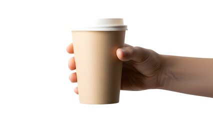 Obraz premium Hand holding takeaway coffee cup isolated on transparent background
