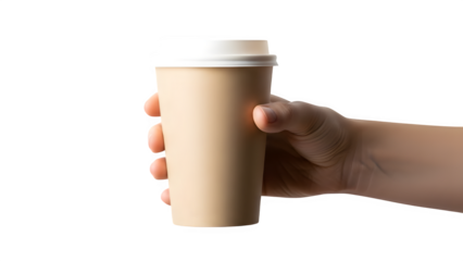 Hand holding takeaway coffee cup isolated on transparent background