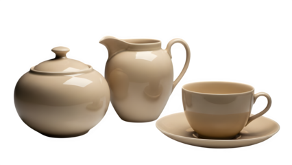 Set of ceramic tea pot, pitcher, and cup isolated on transparent background