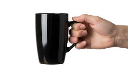 Hand holding a black mug isolated on transparent background