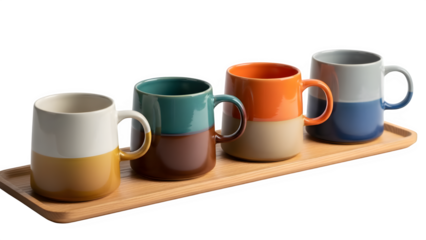 Colorful ceramic mugs on wooden tray isolated on transparent background