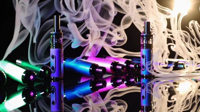Multiple vaping devices lie on a glossy surface, surrounded by swirling vapor. The colorful lights from each vaporizer illuminate the scene, creating a vibrant and dynamic atmosphere.