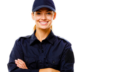 A woman wearing a navy blue uniform with a cap smiling and posing with her arms crossed