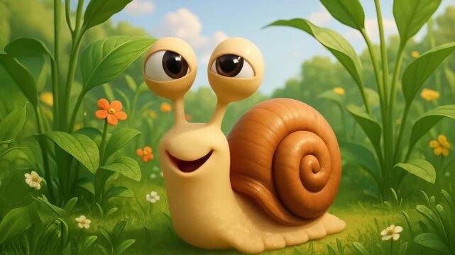 Cartoon Snail Character in a Garden. Seamless Loop