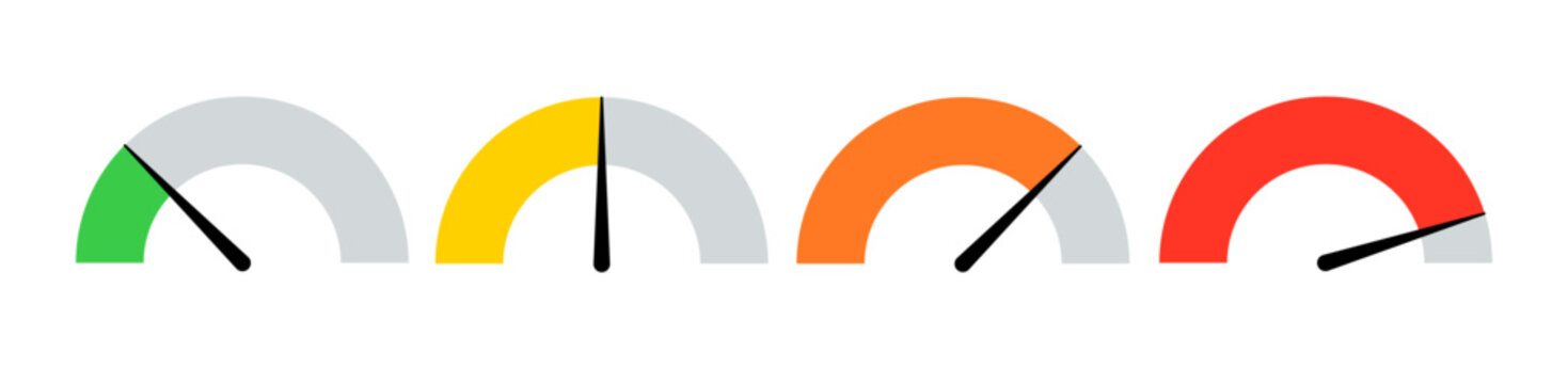 Speedometer icon high score bar scale indicator. Meter dashboard credit level rating temperature chart.
