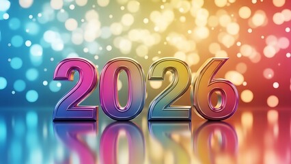 Colorful 3d numbers 2026 on reflective surface with bokeh lights rainbow