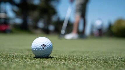 Closeup of a golf ball embedded with a wireless smart sensor sharply focused with a blurred golfer in the background demonstrating accuracy and performance analysis.
