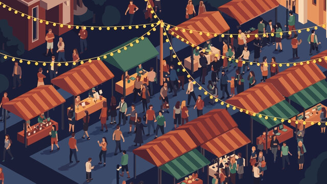 Vibrant night market with stalls and crowd under festive lights in isometric style