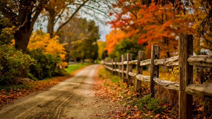 A wooden fence with a dirt road leading to a forest with autumn trees