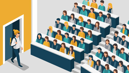 Isometric school lecture hall with students and teacher arriving