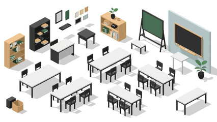 Obraz premium Modern classroom furniture set in isometric style with desks, chairs, and chalkboard