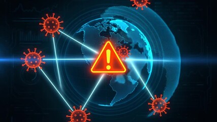A digital visualization highlighting COVID-19 pandemic warnings, featuring a globe and viral symbols as urgent reminders. - Powered by Adobe
